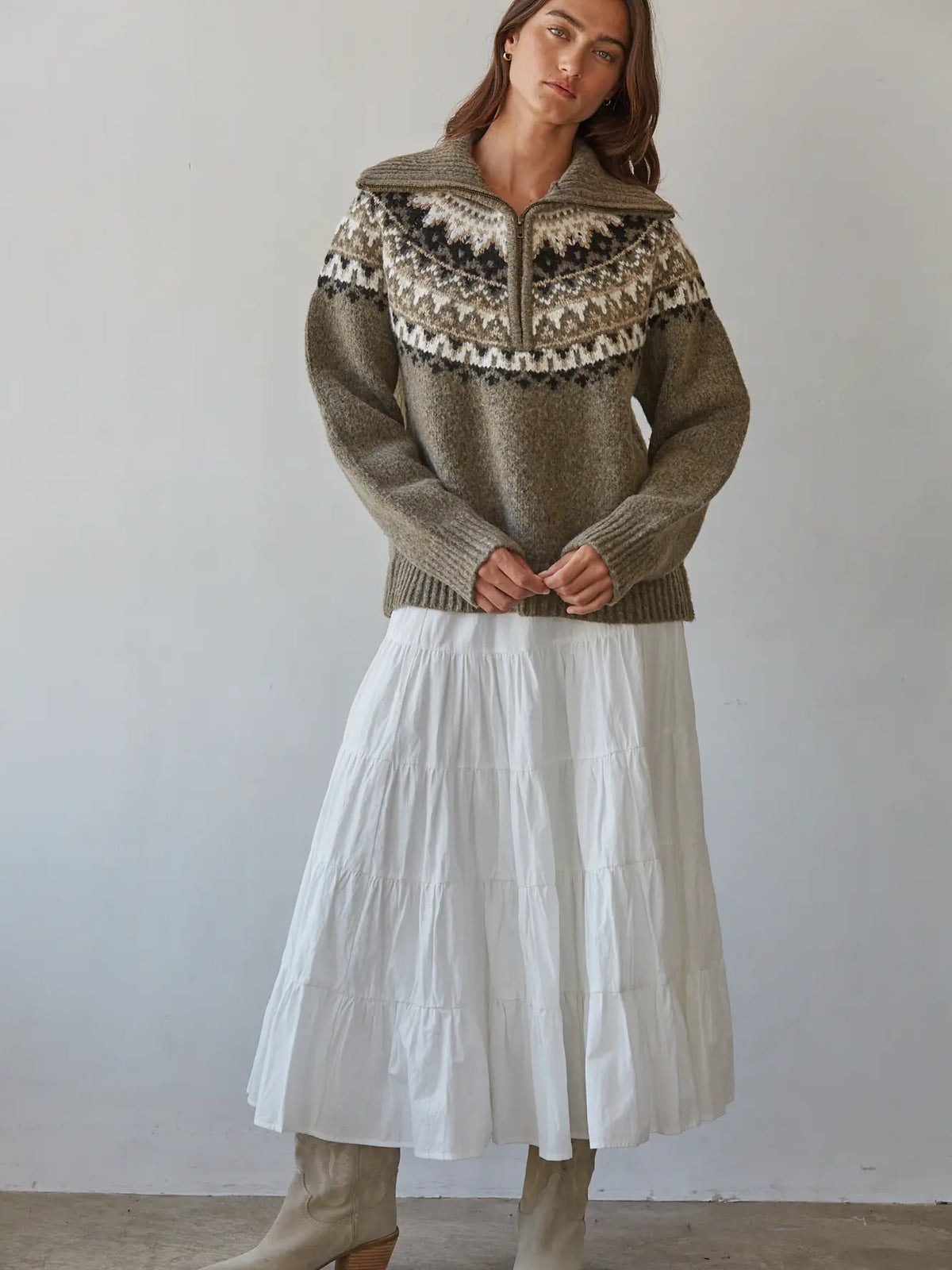Knit Sweater Fair Isle Half Zip Up Pullover
