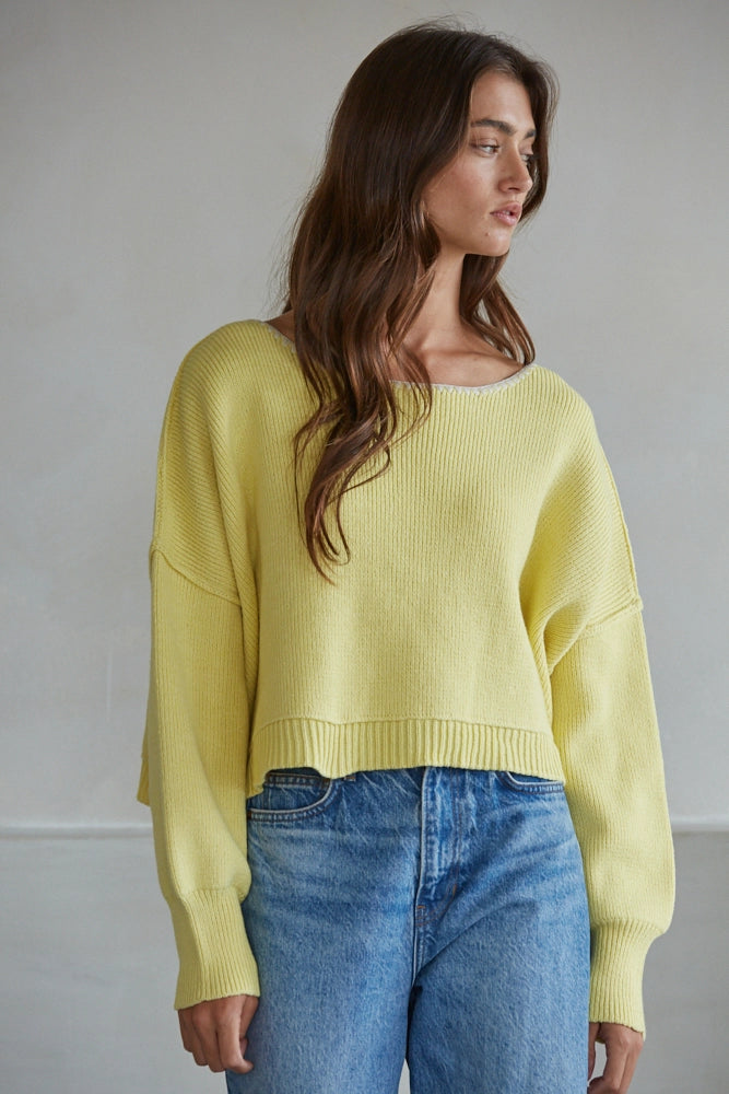 Knit Sweater Ribbed Boat Neck Long Sleeve Pullover