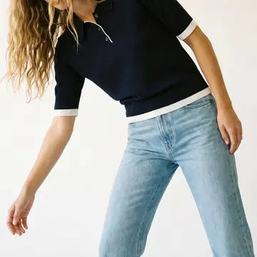 Polo Shirt with White Trim and Button Detail