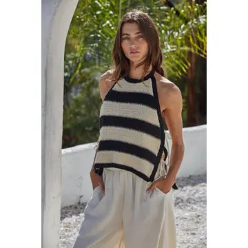 Knit Sweater Cotton Crochet Striped Halter Top