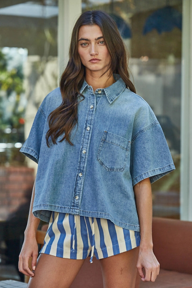 Woven Cotton Chambray Denim Short Sleeve Shirt Top