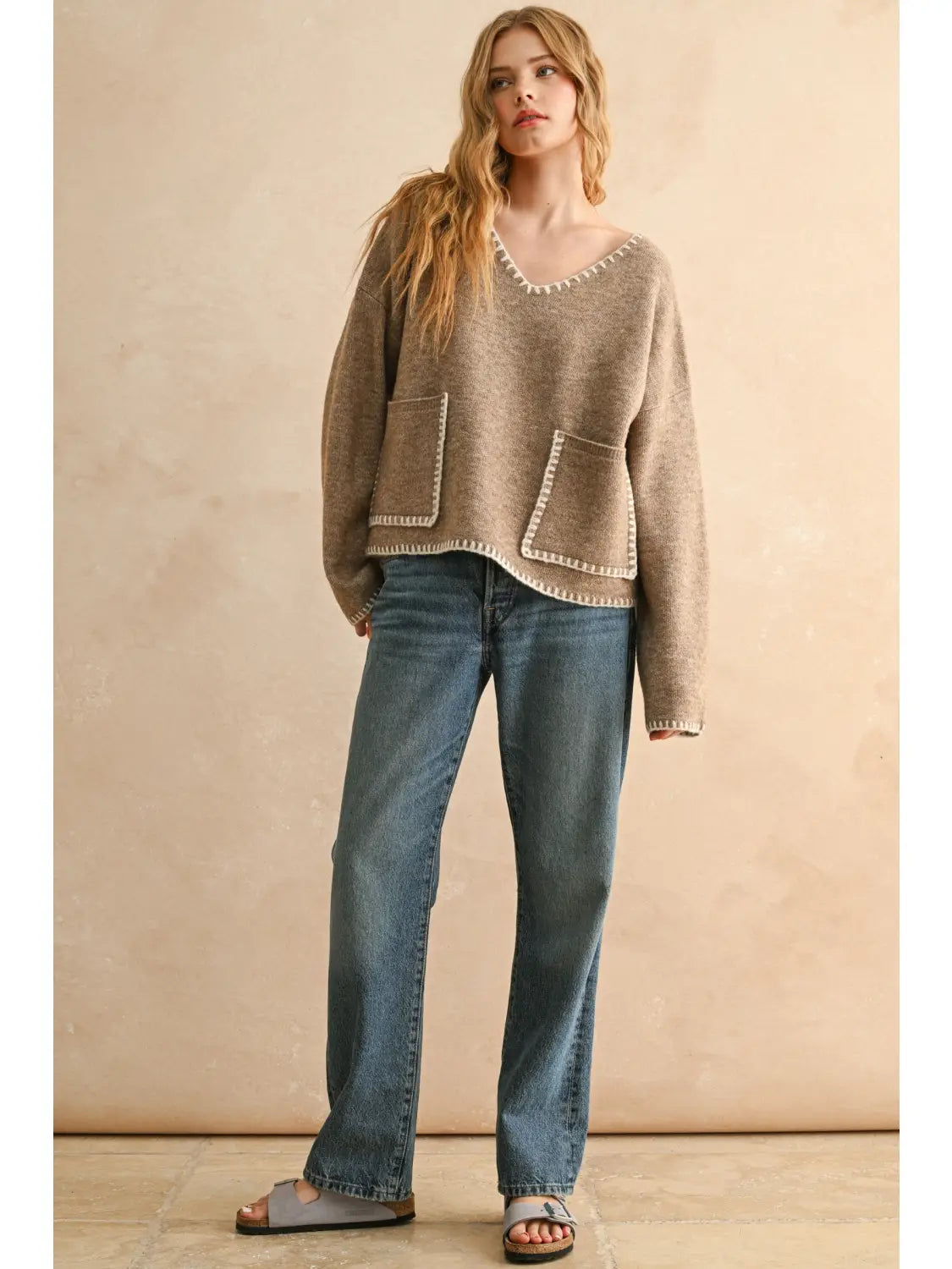 Stitch Detailed V-Neck Sweater Top
