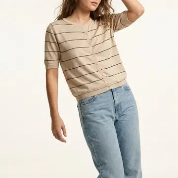 Striped Button-Up Short Sleeve Cardigan