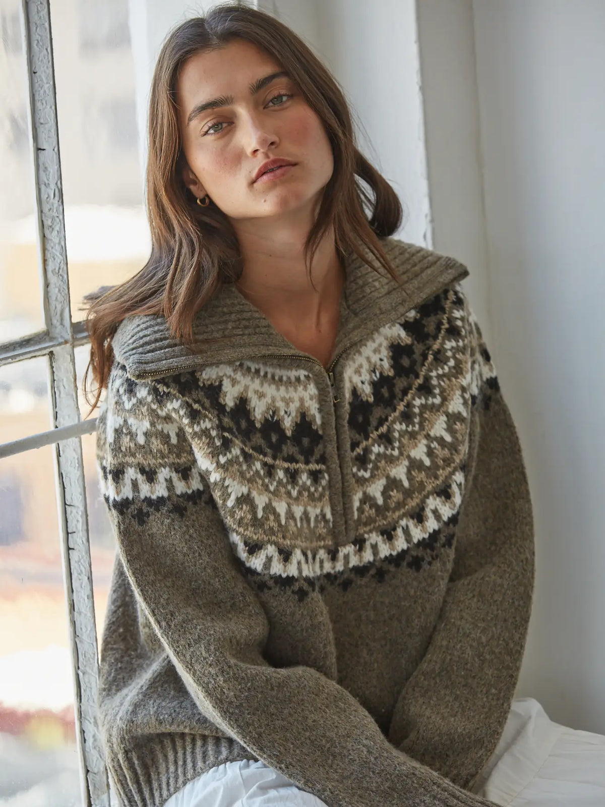 Knit Sweater Fair Isle Half Zip Up Pullover