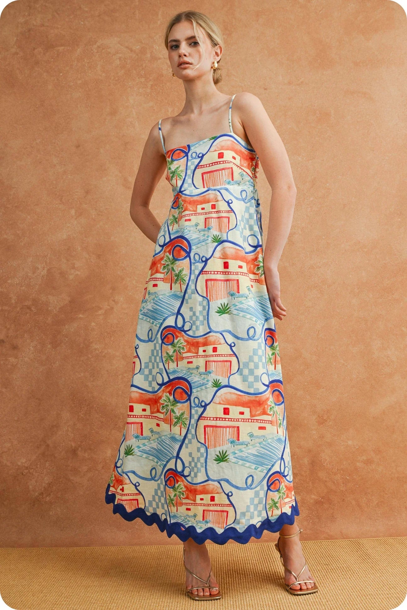 Riviera Dream Scalloped Sleeveless Midi Dress