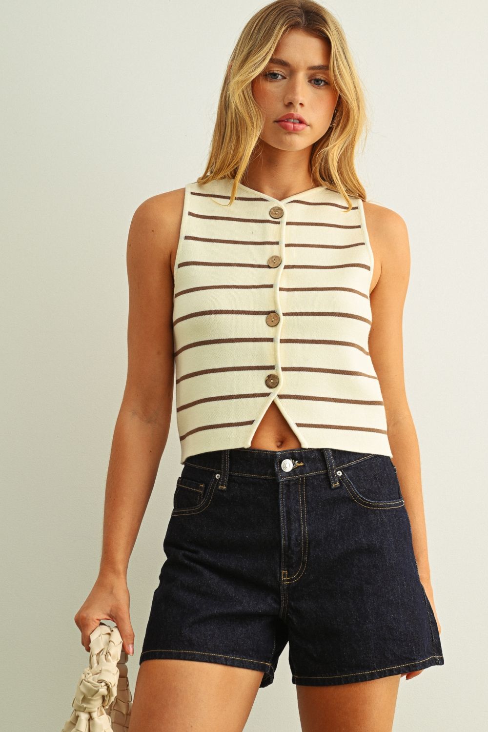 Metal Button Detail Stripe Pattern Knitted Vest
