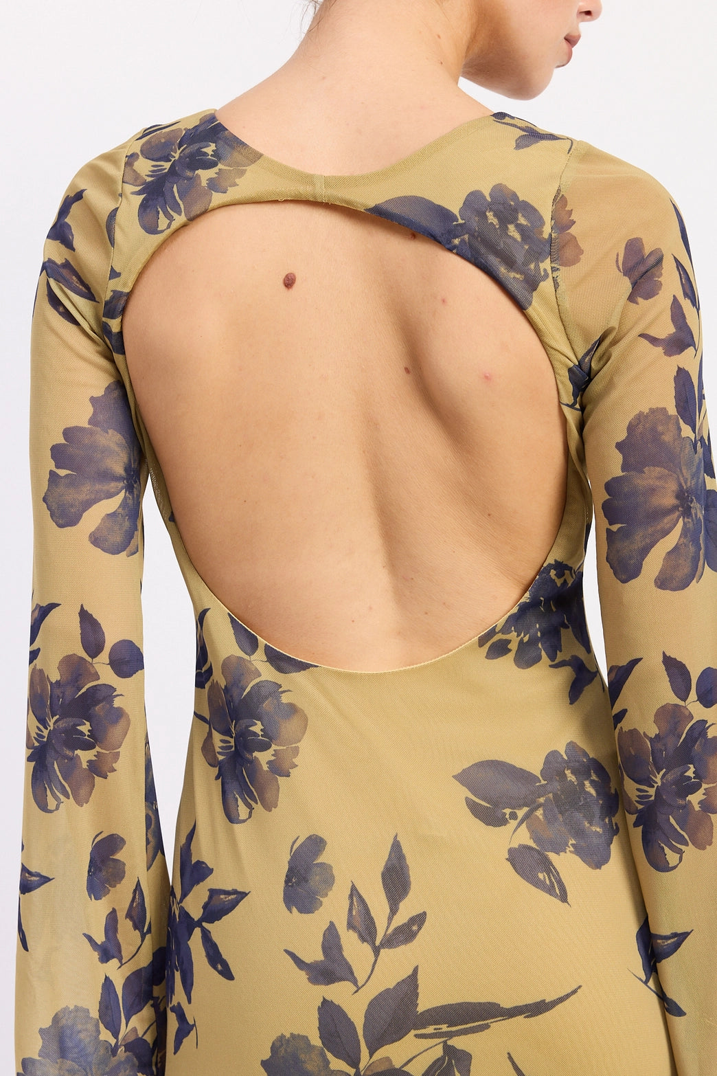 Long Sleeve Floral Print Maxi Mesh Dress with Open Back