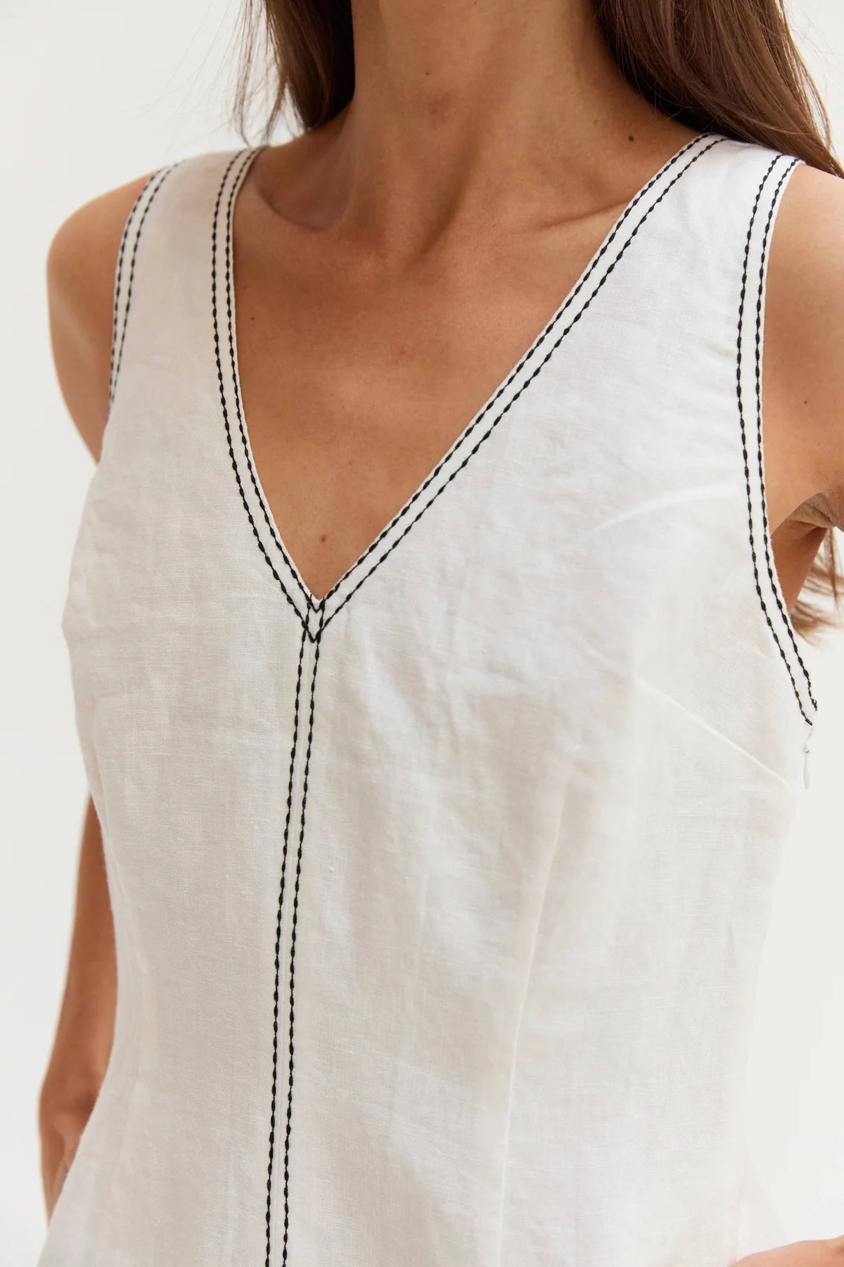 Amara Contrast Stitch V-Neck Linen Mini Dress