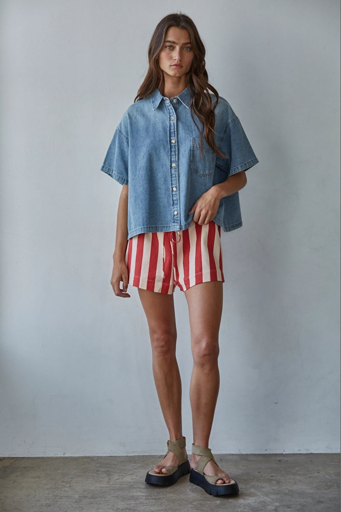 Woven Cotton Chambray Denim Short Sleeve Shirt Top