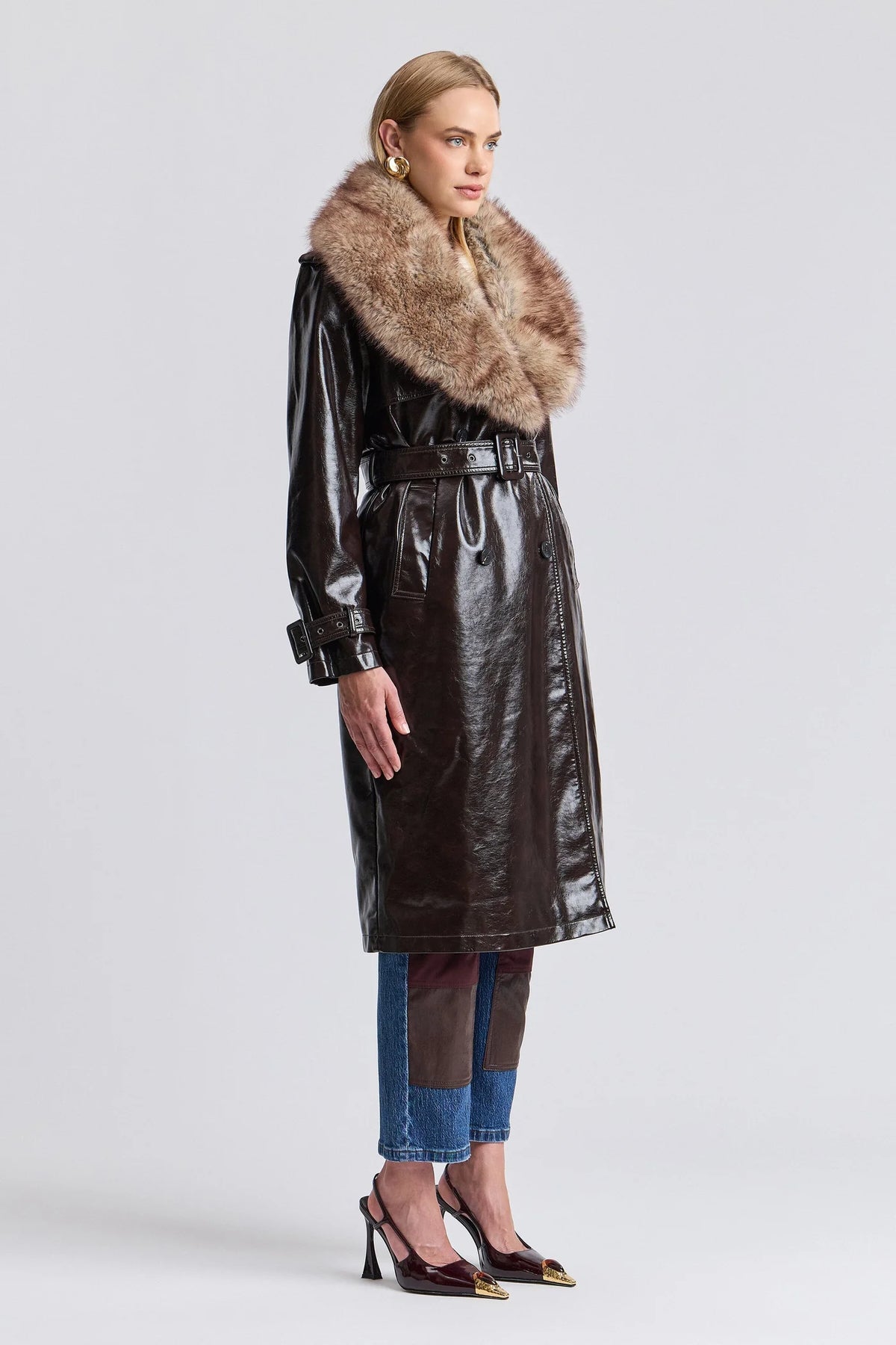 Glossy Faux Leather Faux Fur Trimmed Trench Coat