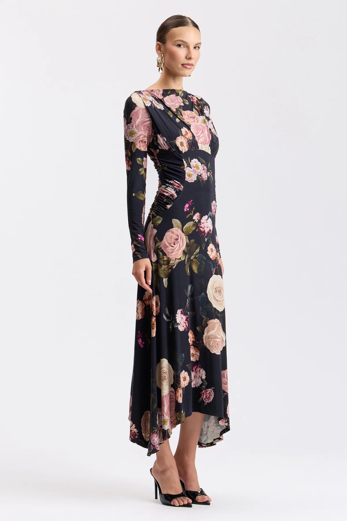 Floral Shirred Cowl Neck Midi Dress