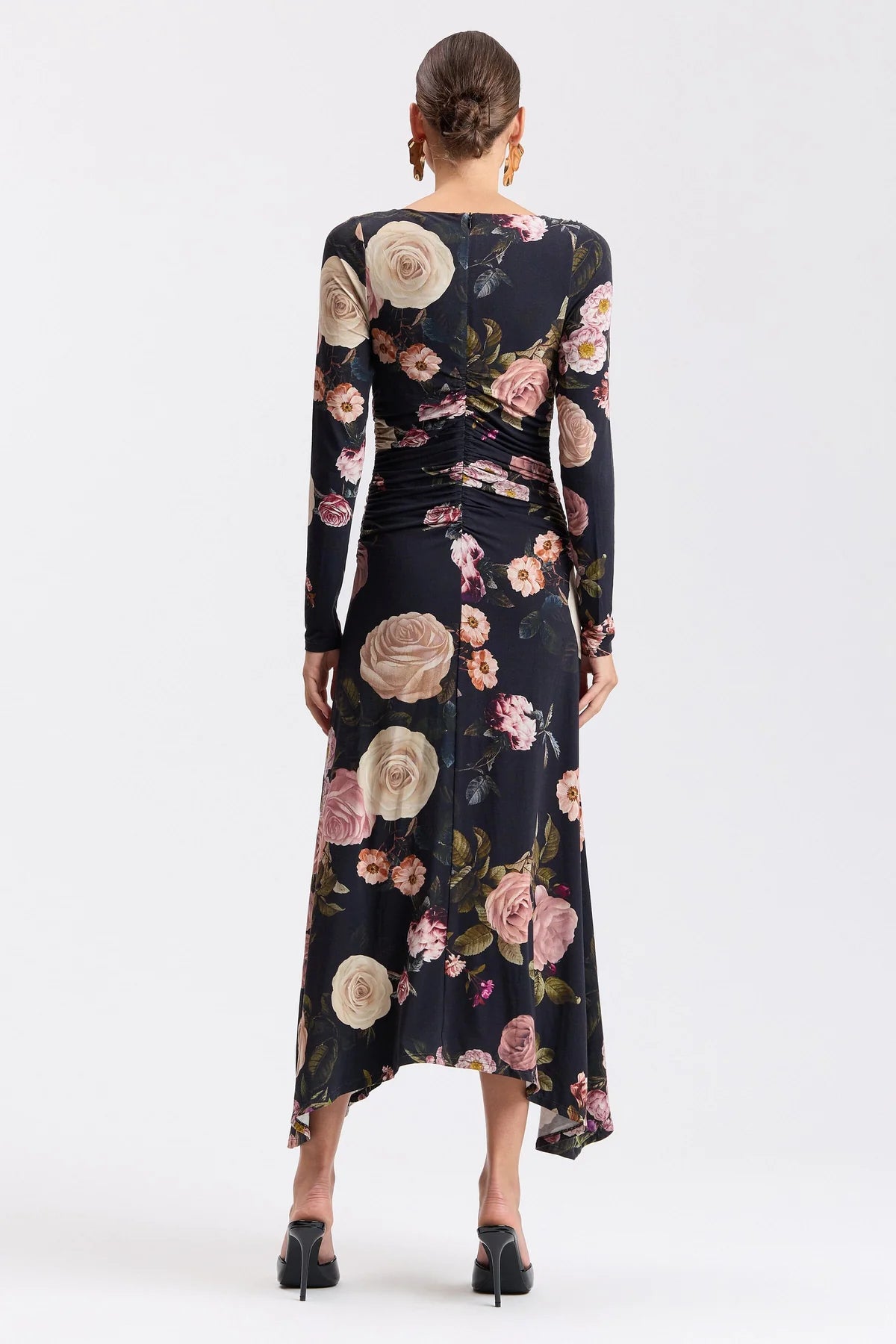 Floral Shirred Cowl Neck Midi Dress