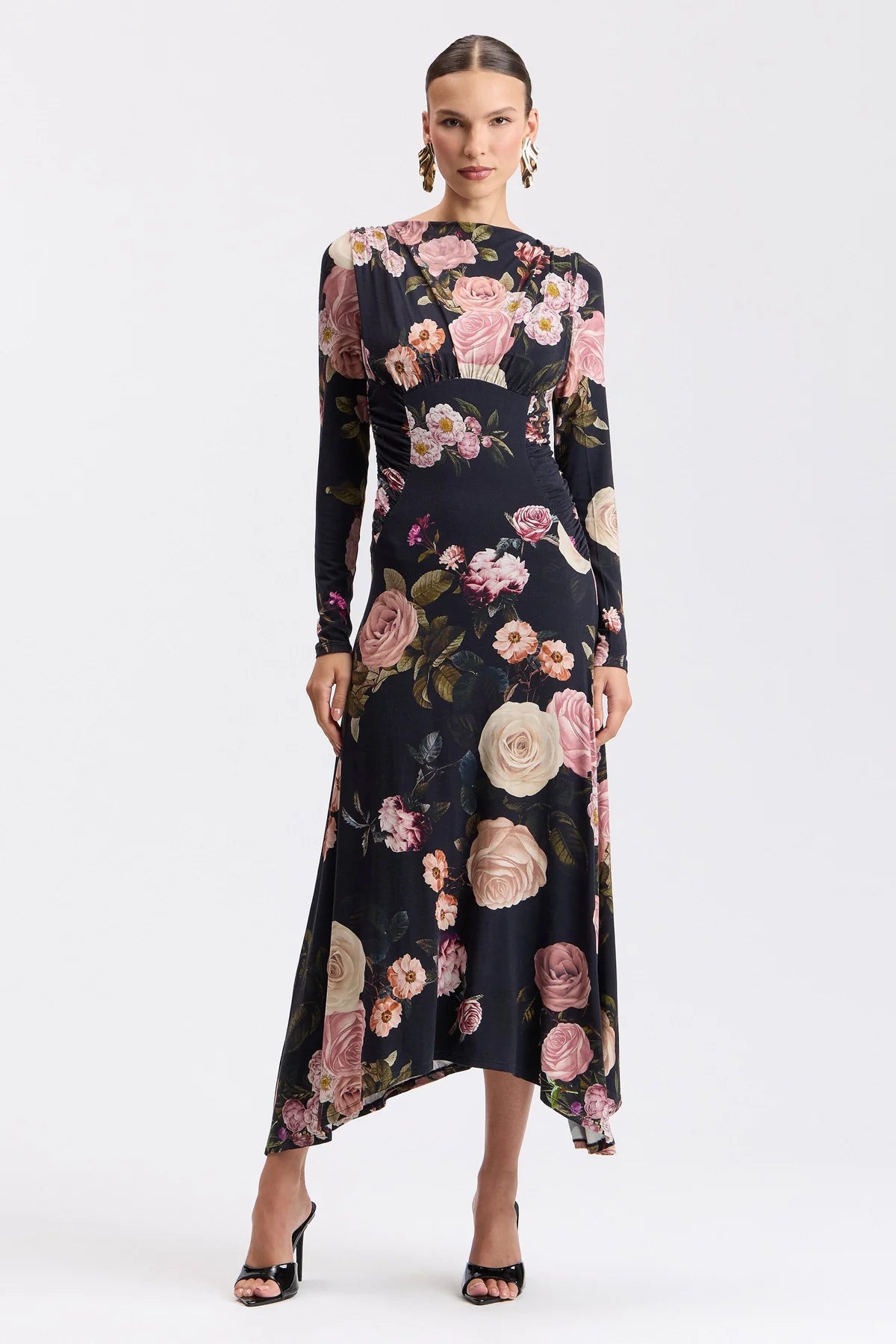 Floral Shirred Cowl Neck Midi Dress