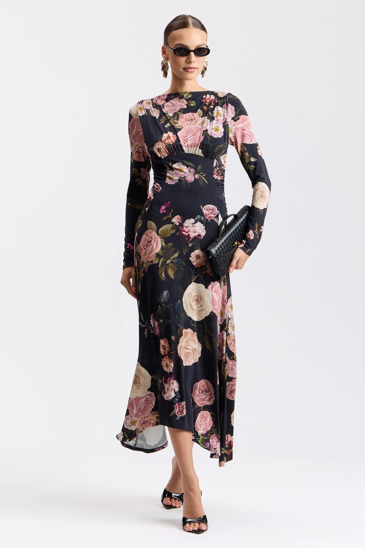 Floral Shirred Cowl Neck Midi Dress