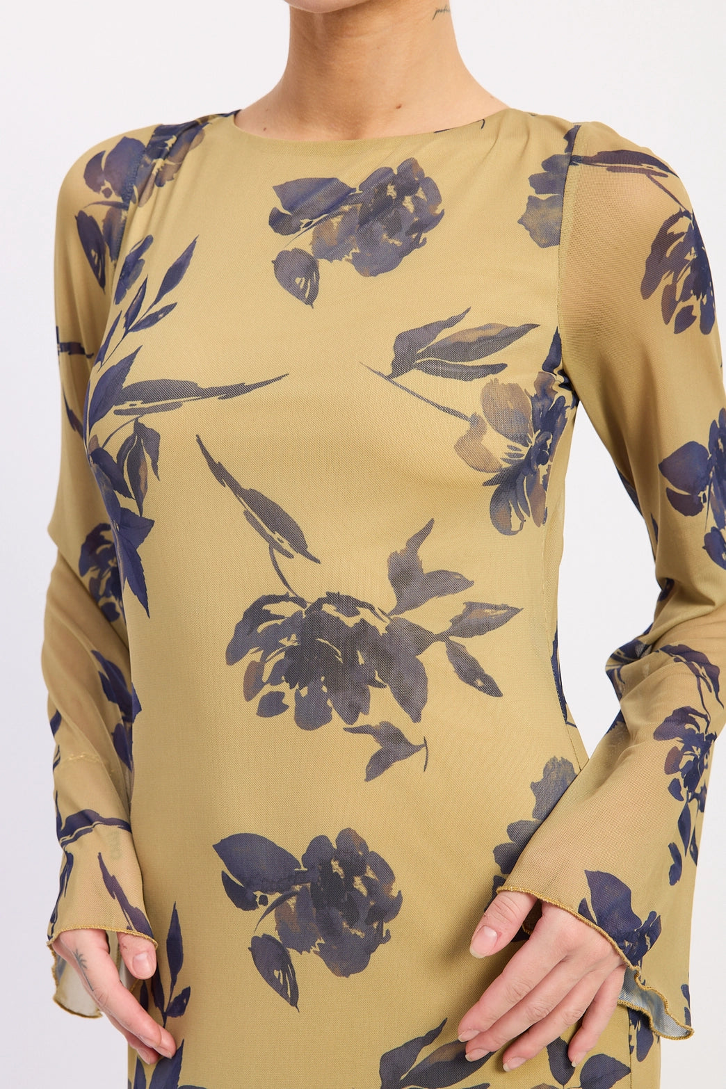 Long Sleeve Floral Print Maxi Mesh Dress with Open Back