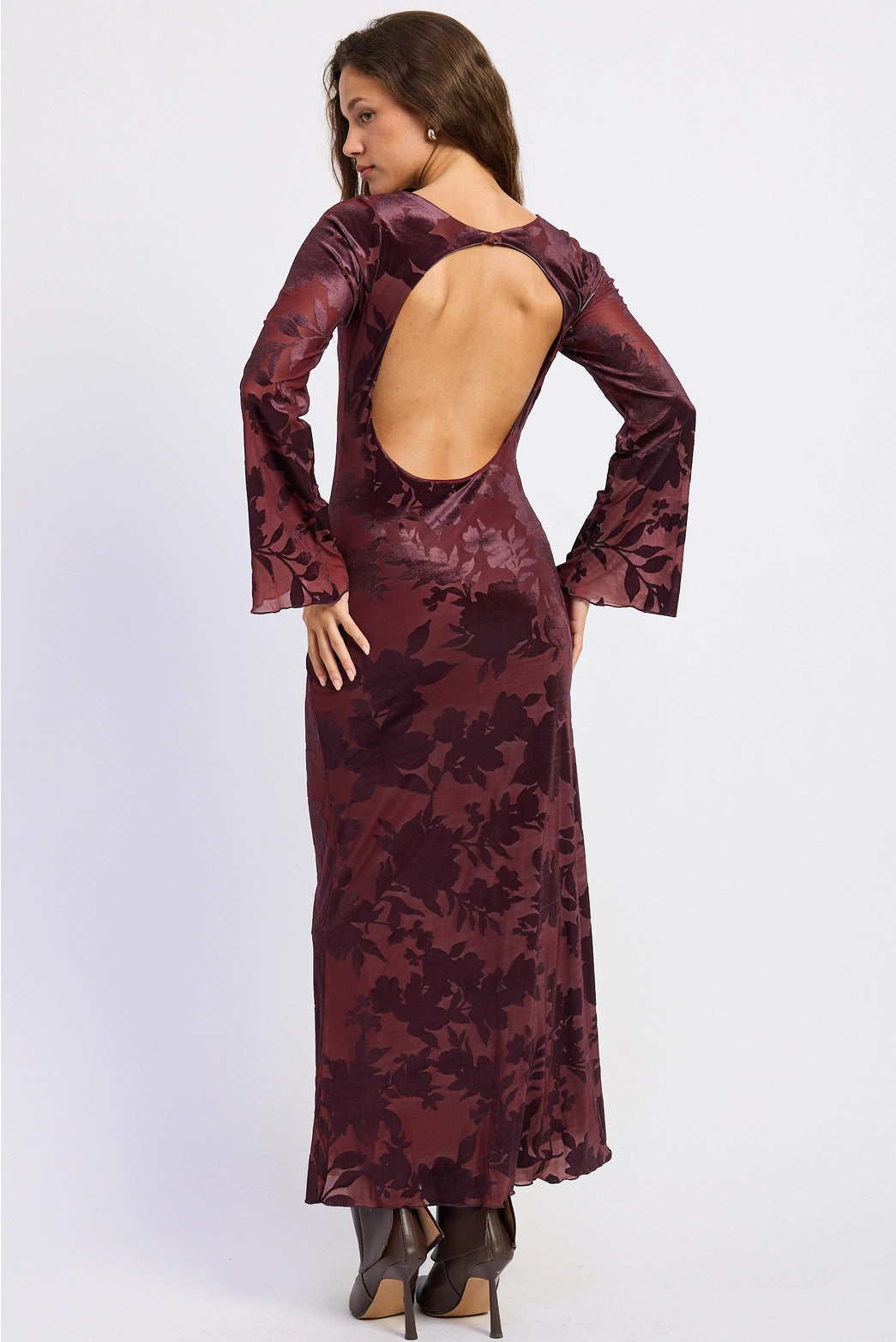 Open Back Maxi Floral Long Sleeve Dress