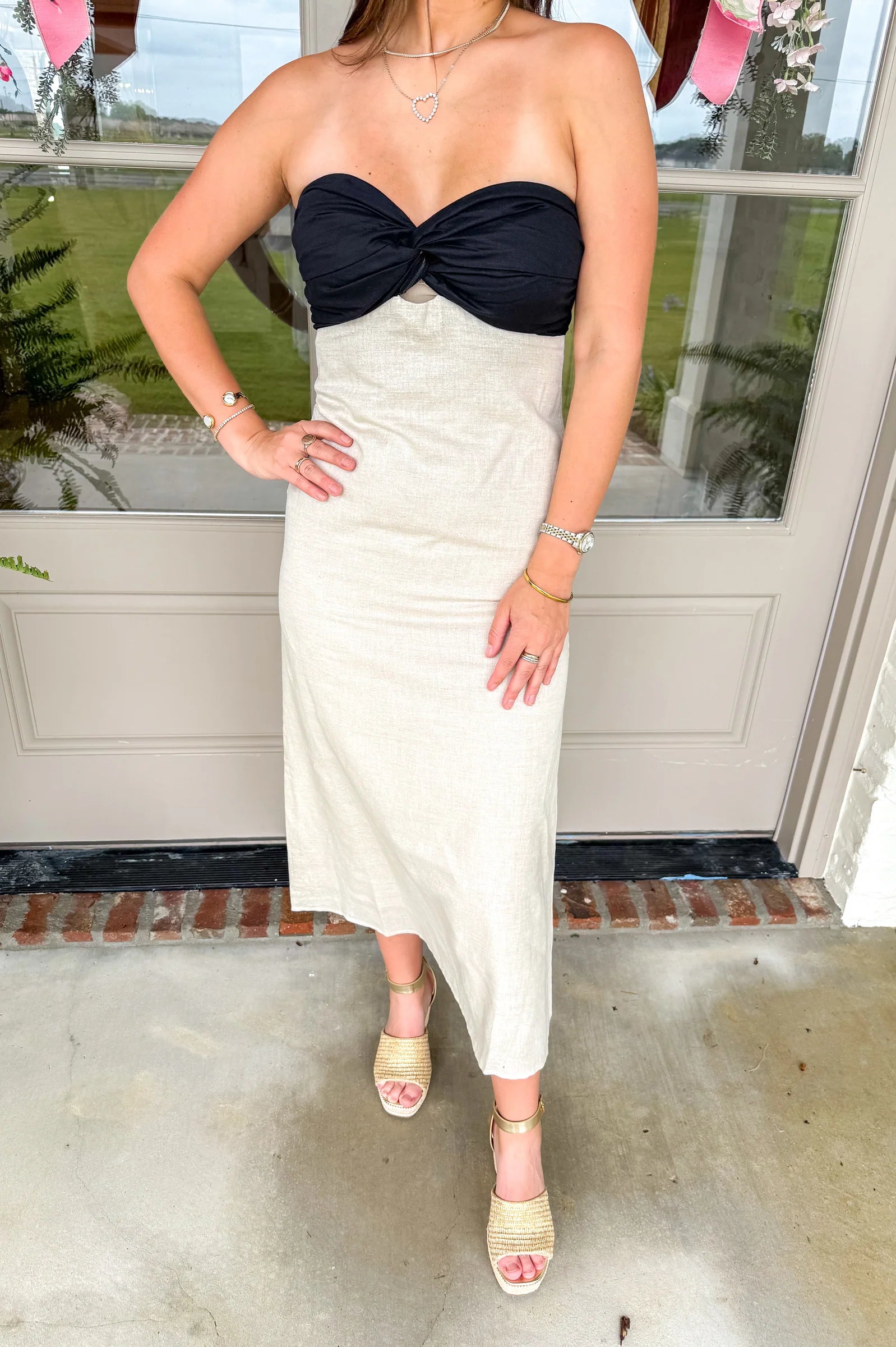 Emery Linen Colorblock Front Twist Midi Dress