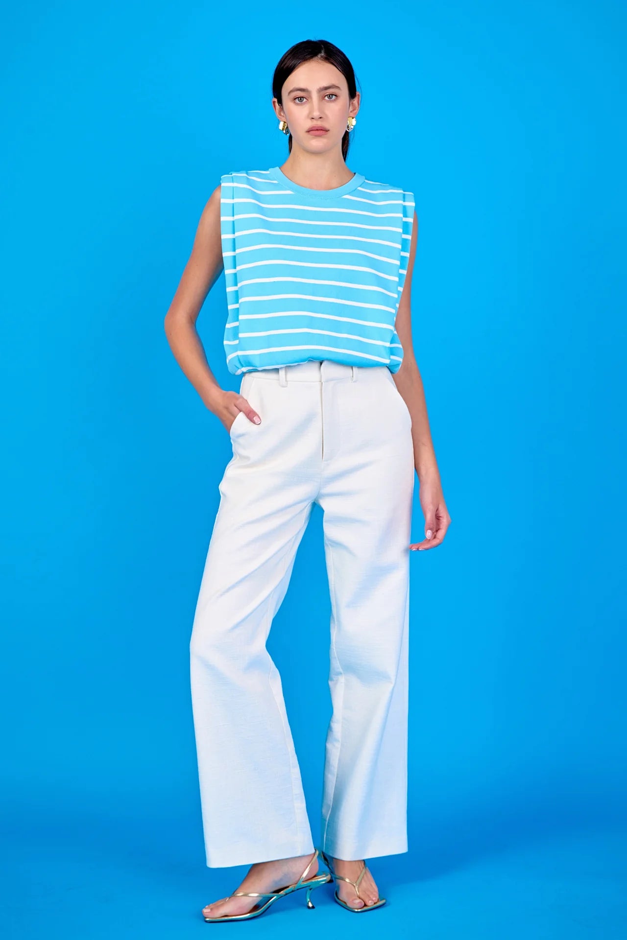Striped Sleeveless Pleated Knit Top