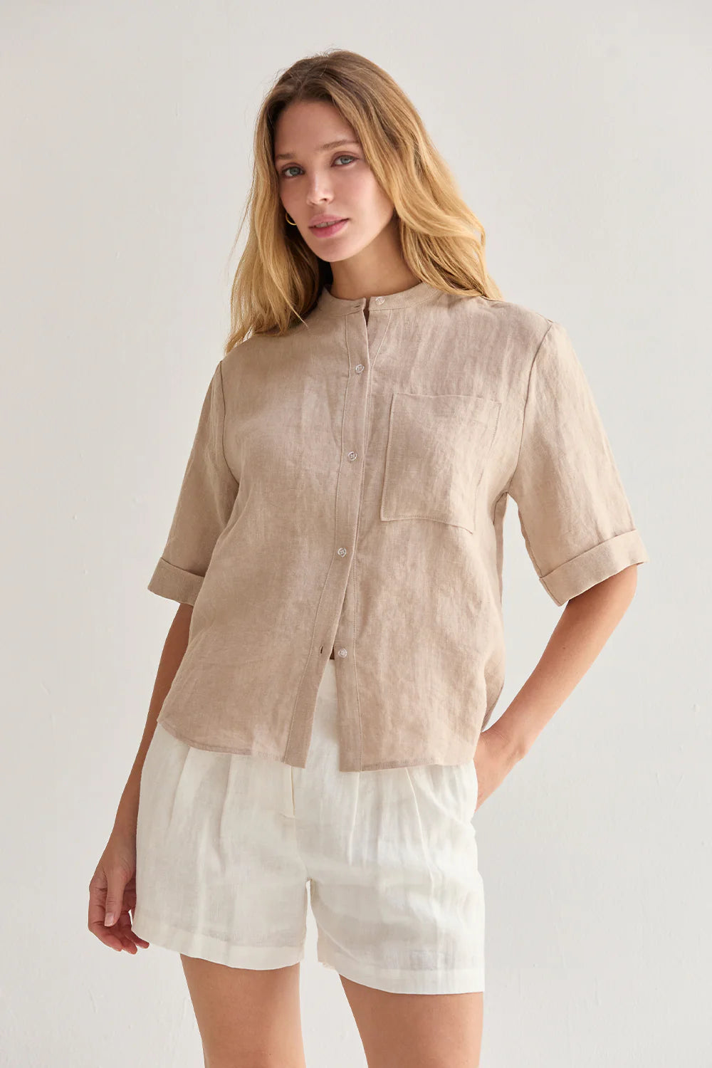Joyce Mandarin Collar Button Up Linen Top