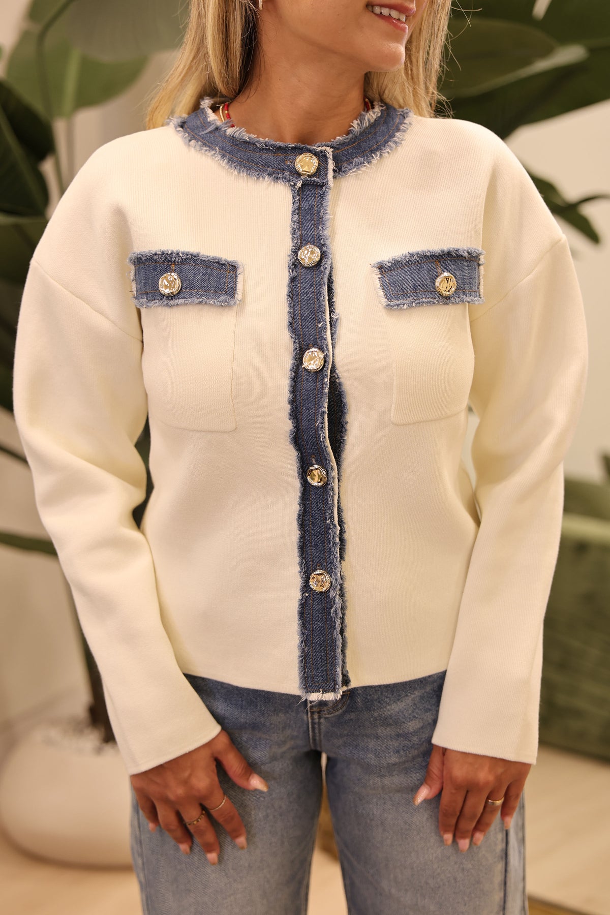 Frayed Denim Trim Knit Jacket