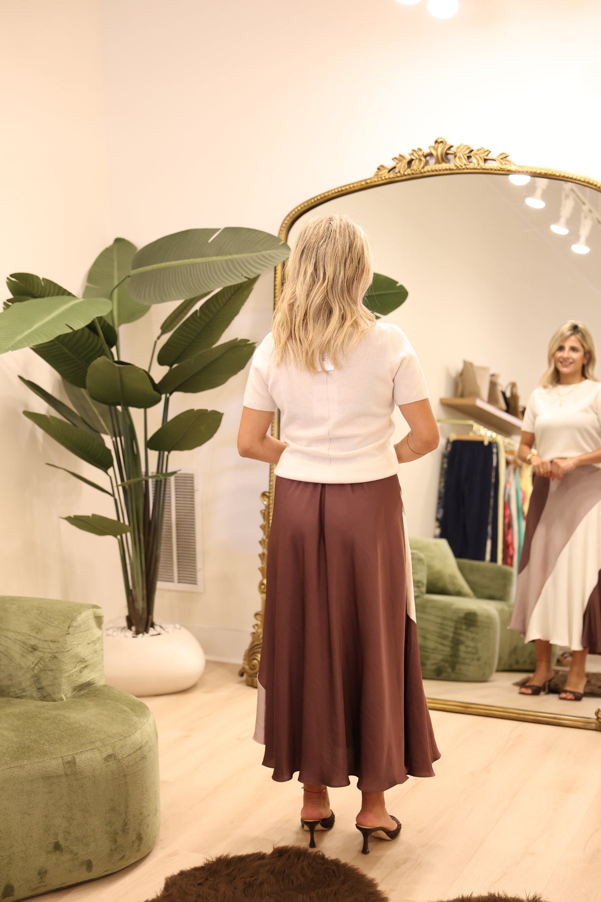 Satin Color Block Bias Midi Skirt
