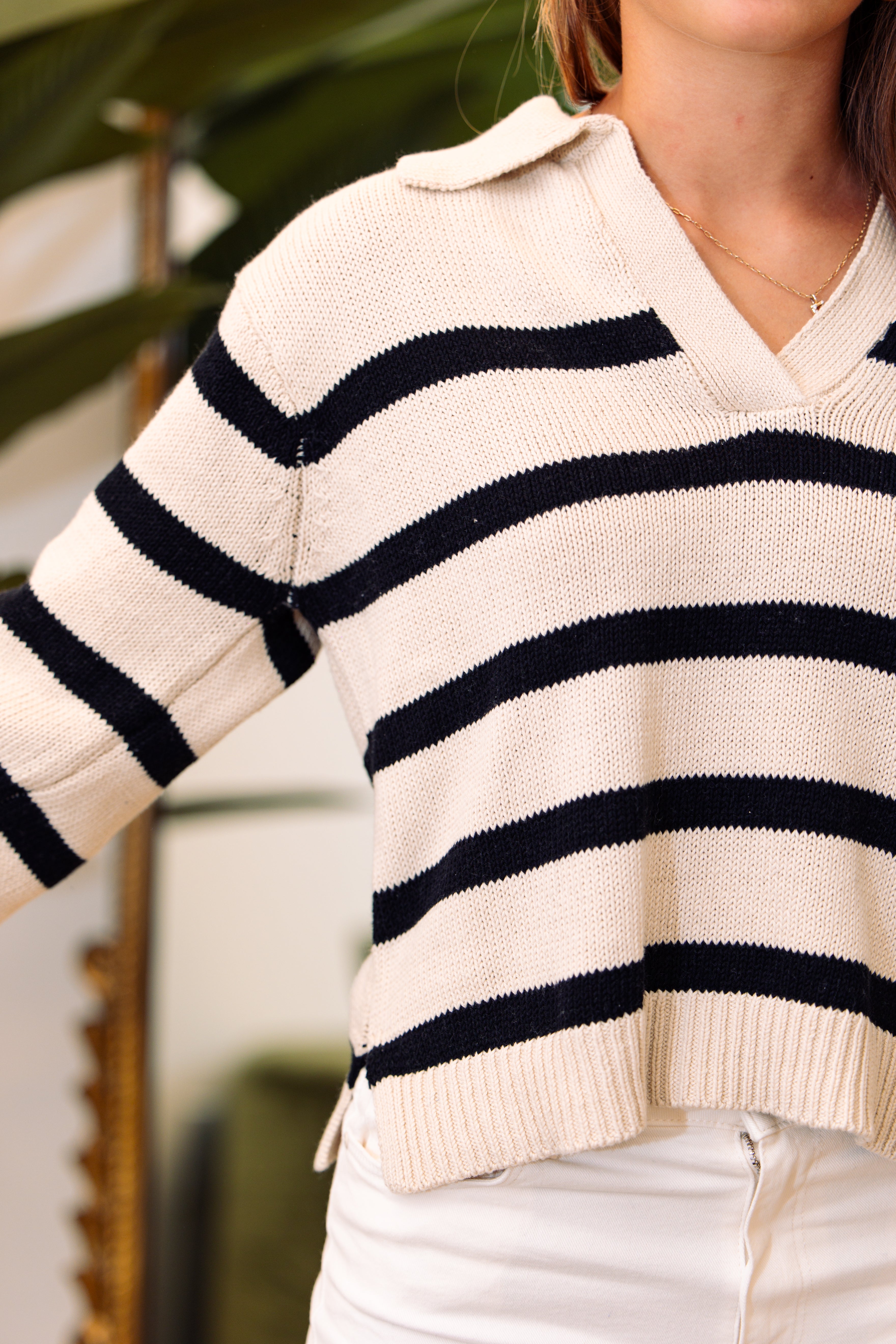 Striped Plunged V Neck Long Sleeve Top