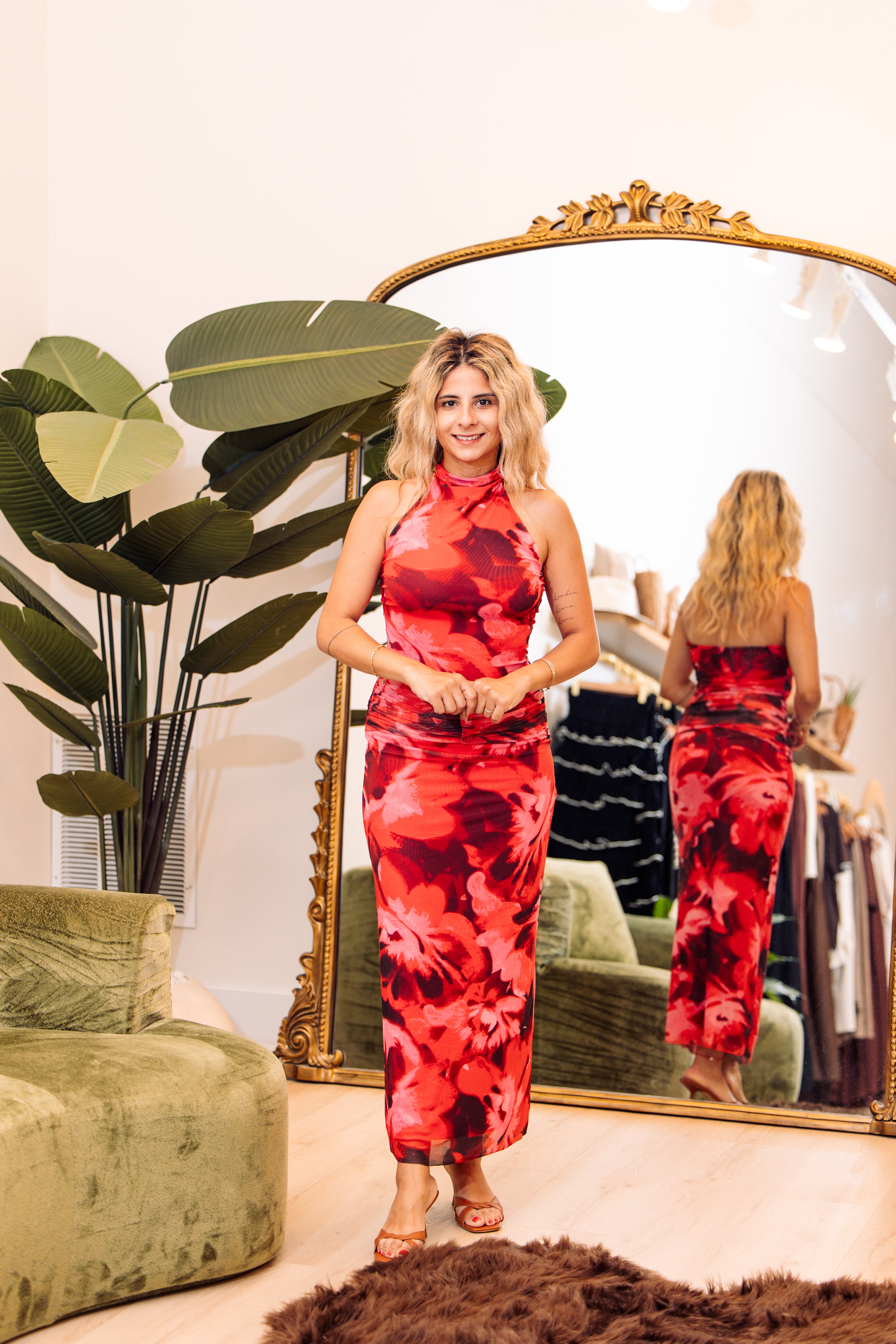 Gathered Self Waist Halter Back Mesh Maxi Dress
