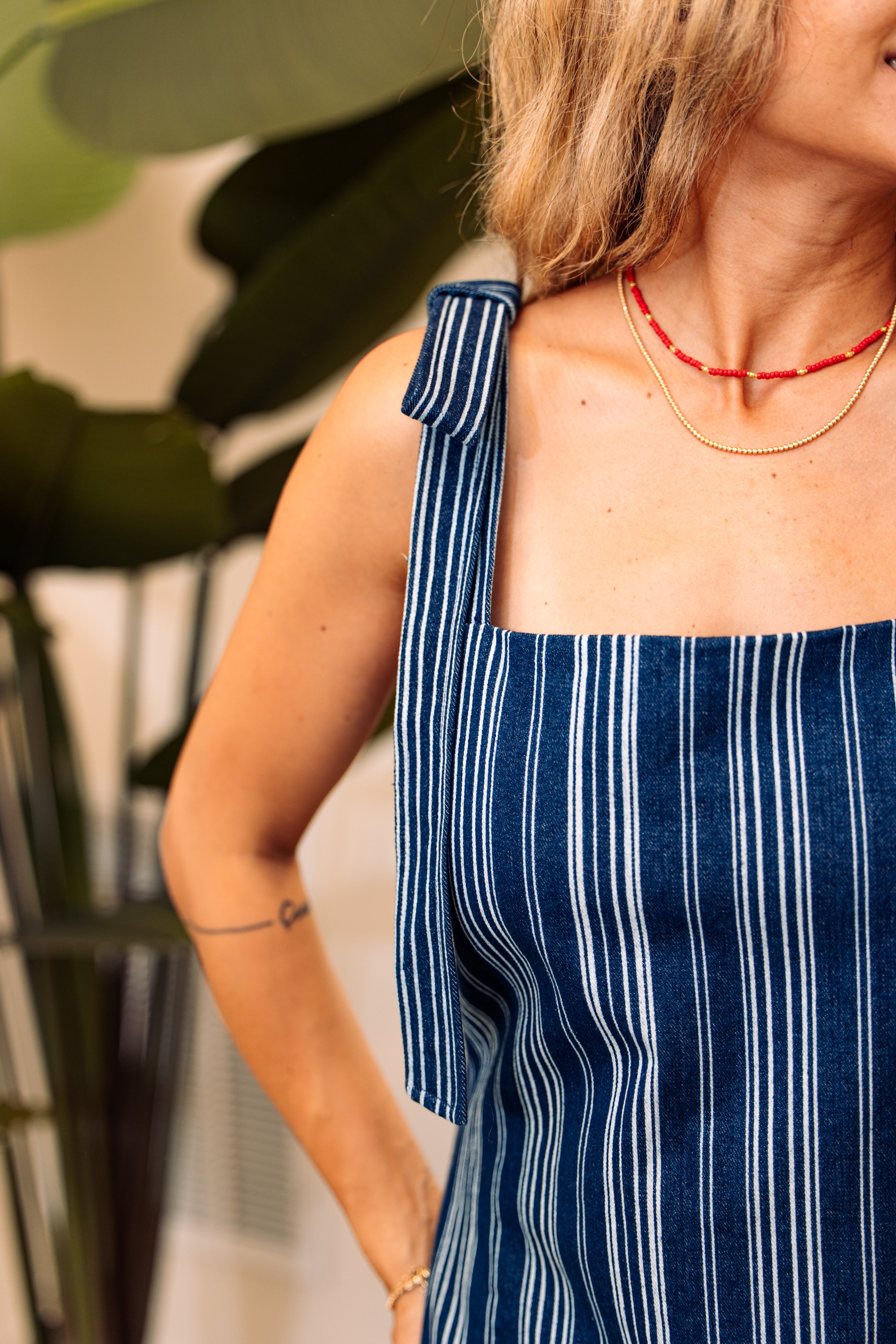 Denim Stripe Bow Shoulder Mini Dress