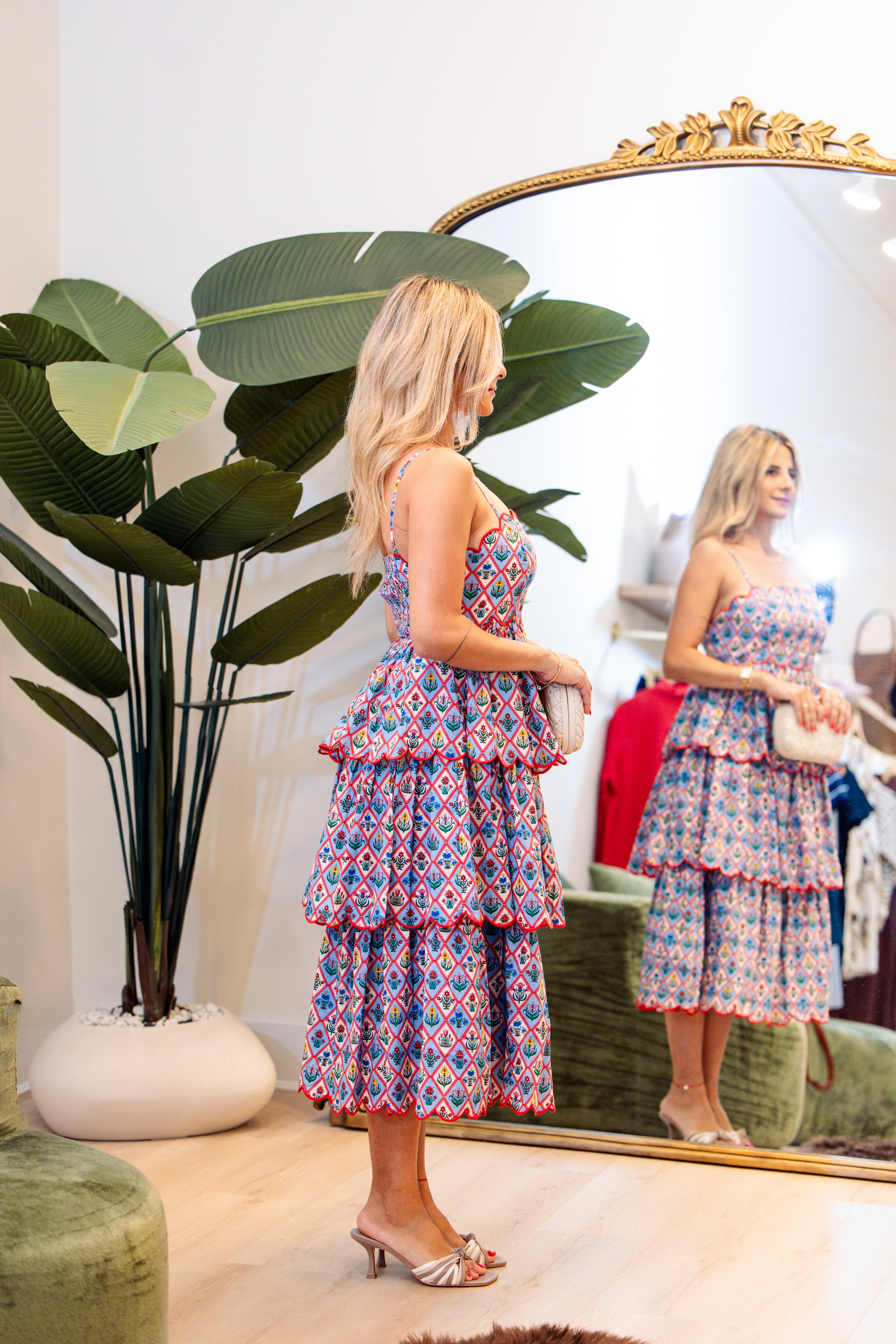 Scalloped Floral Tiered Midi Dress