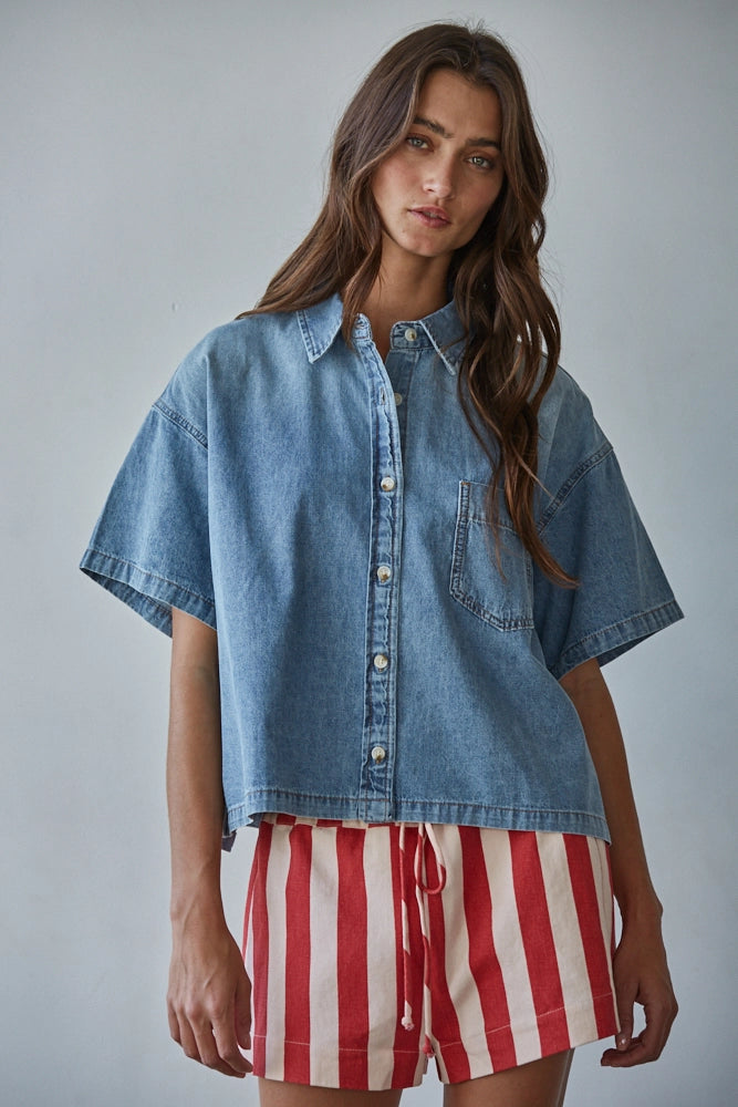 Woven Cotton Chambray Denim Short Sleeve Shirt Top