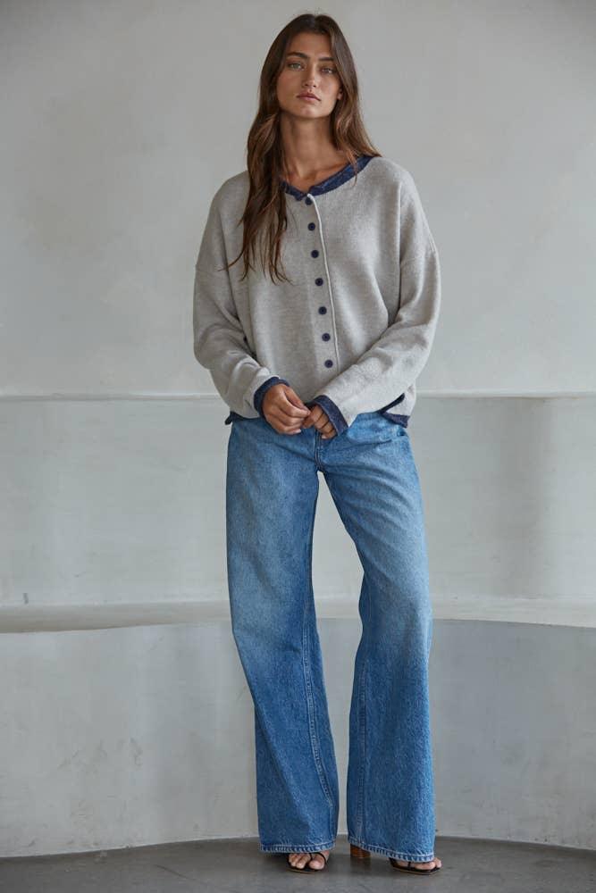 Knit Polyester Acrylic Sweater Crew Neck Cardigan