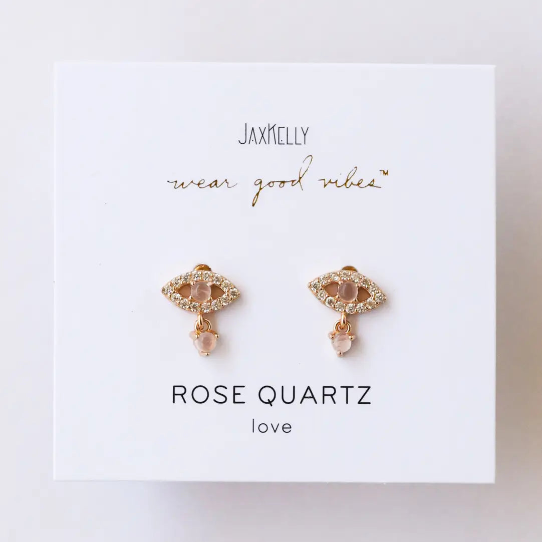 Evil Eye Drop - Rose Quartz - Gold Earrings