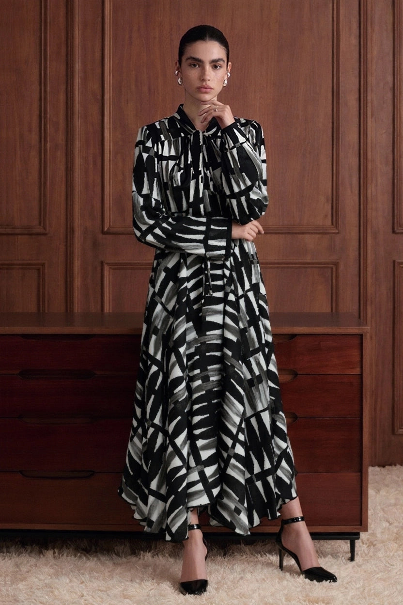 Abstract Brushstroke Tie-Neck Maxi Dress