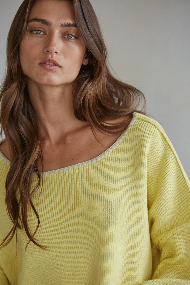 Knit Sweater Ribbed Boat Neck Long Sleeve Pullover