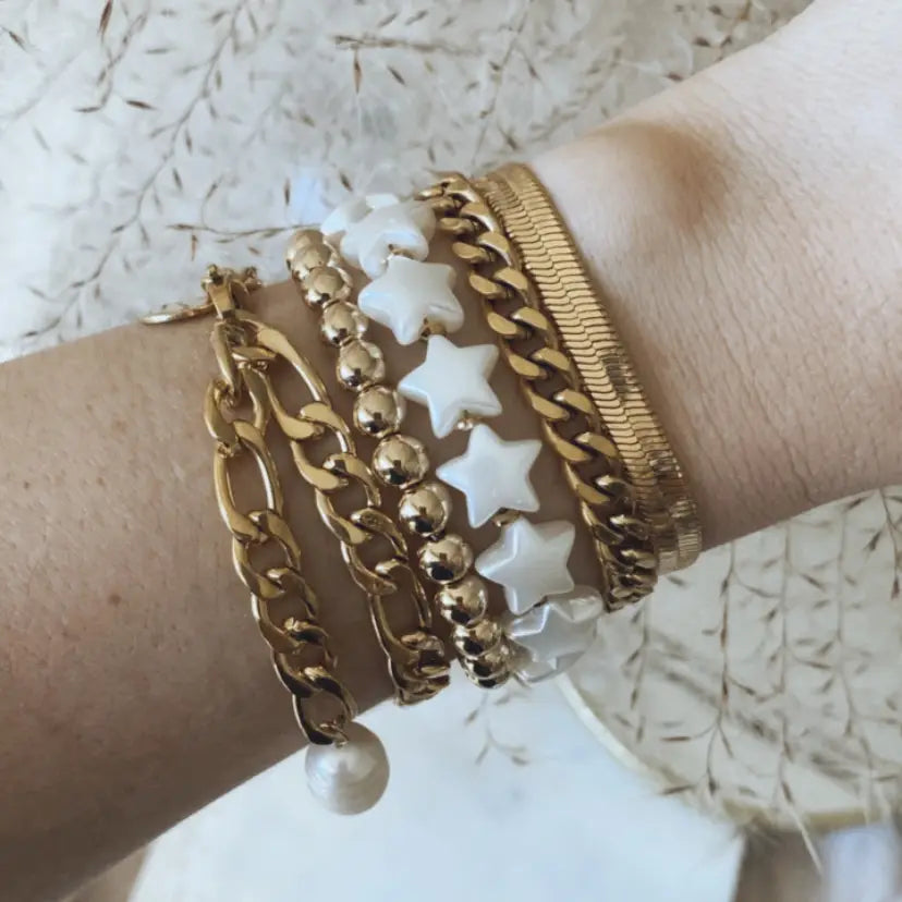 Stars Pearl Color Paperclip Chain 18k Gold Plated Bracelet