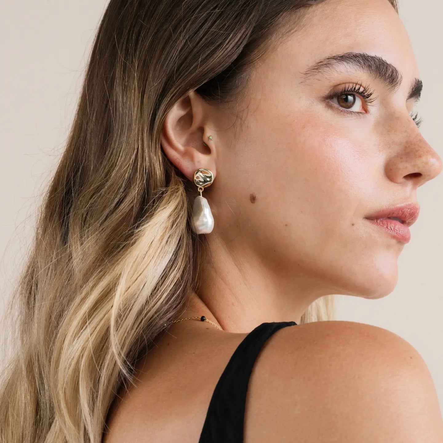 Abstract Pearl and Gold Drop Earrings