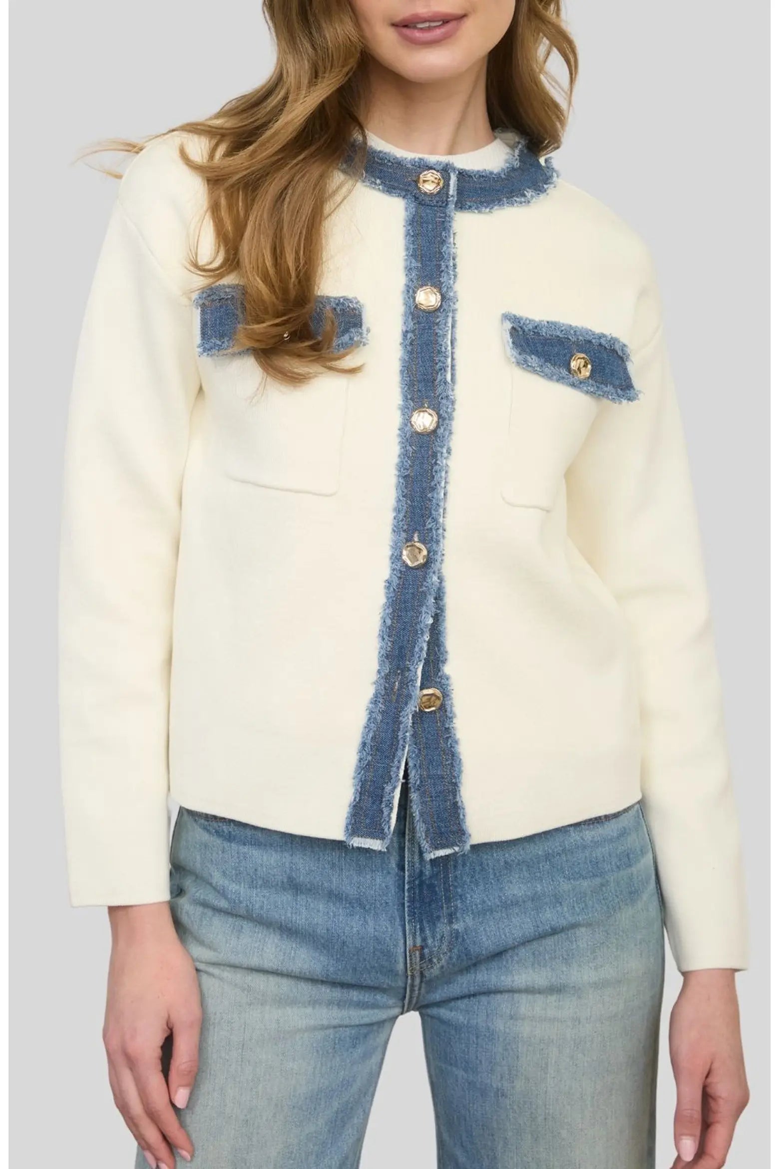 Frayed Denim Trim Knit Jacket