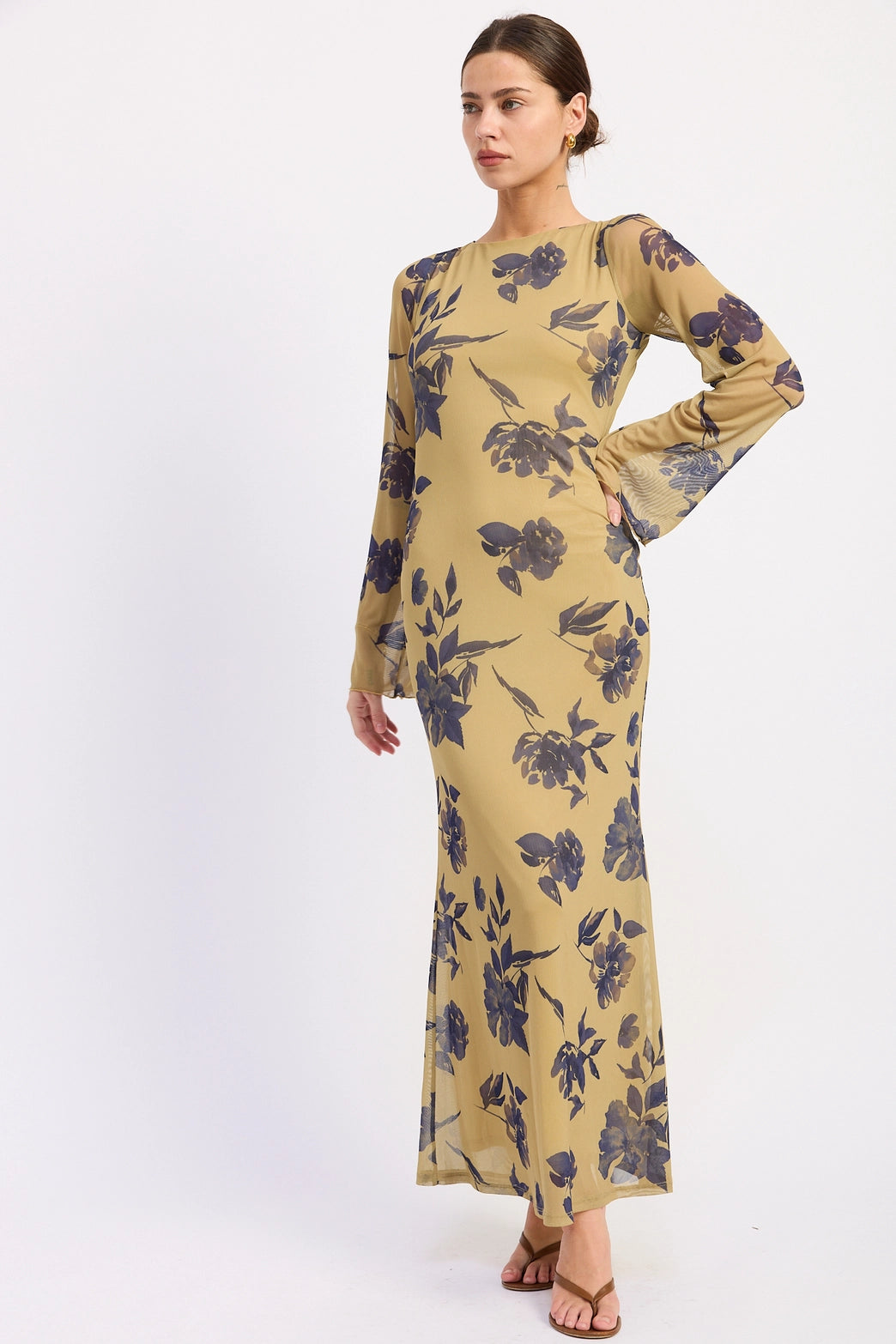 Long Sleeve Floral Print Maxi Mesh Dress with Open Back