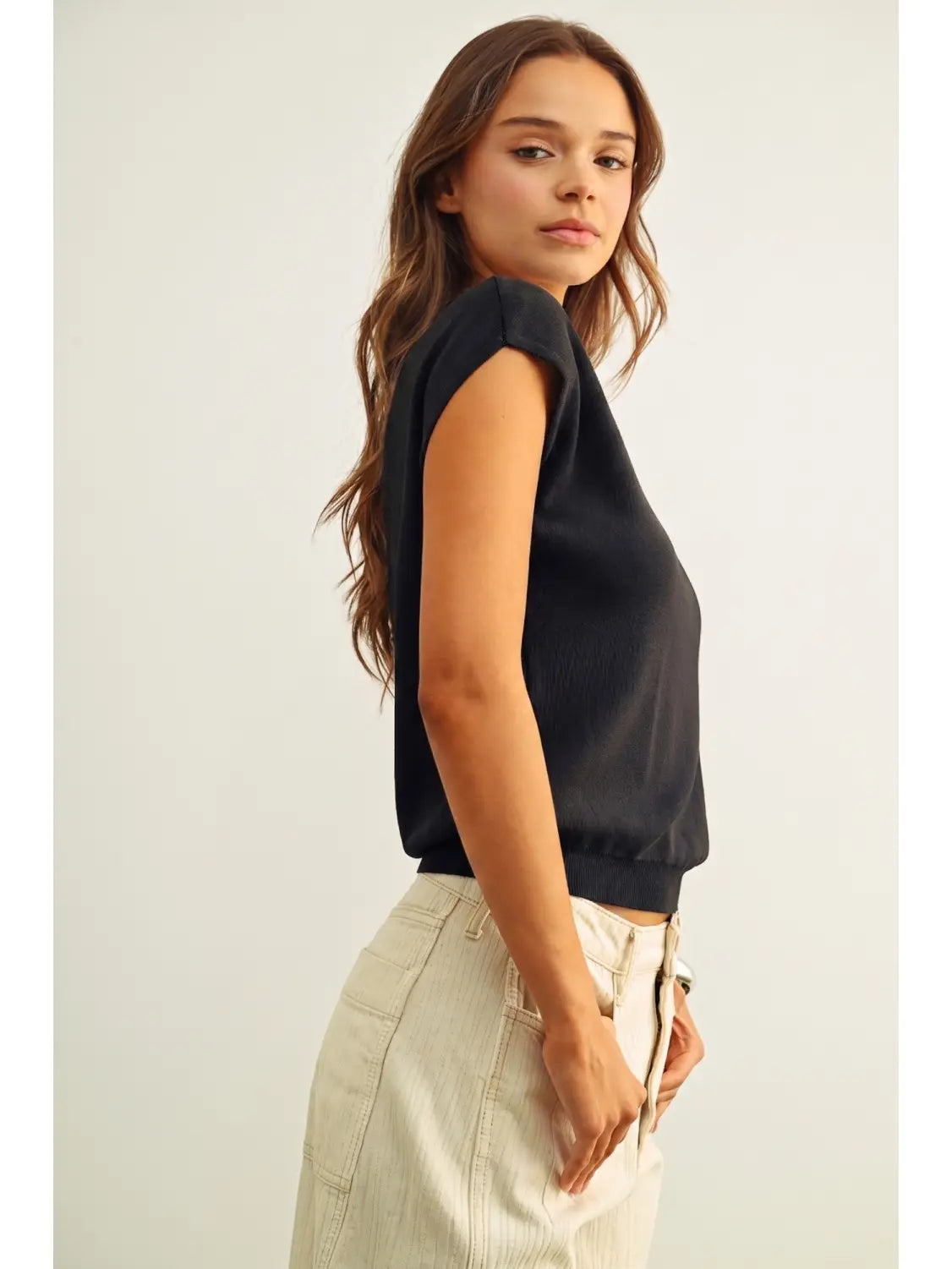Round Neck Cap Short Sleeve Knit Top