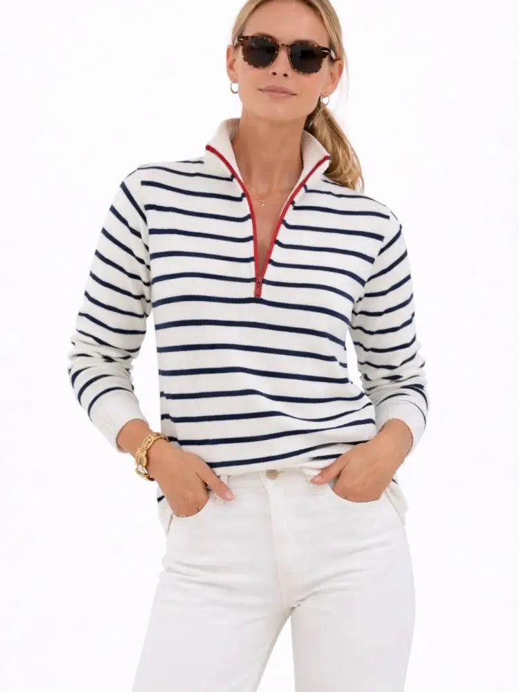1/2 Zip Striped Cotton Sweater