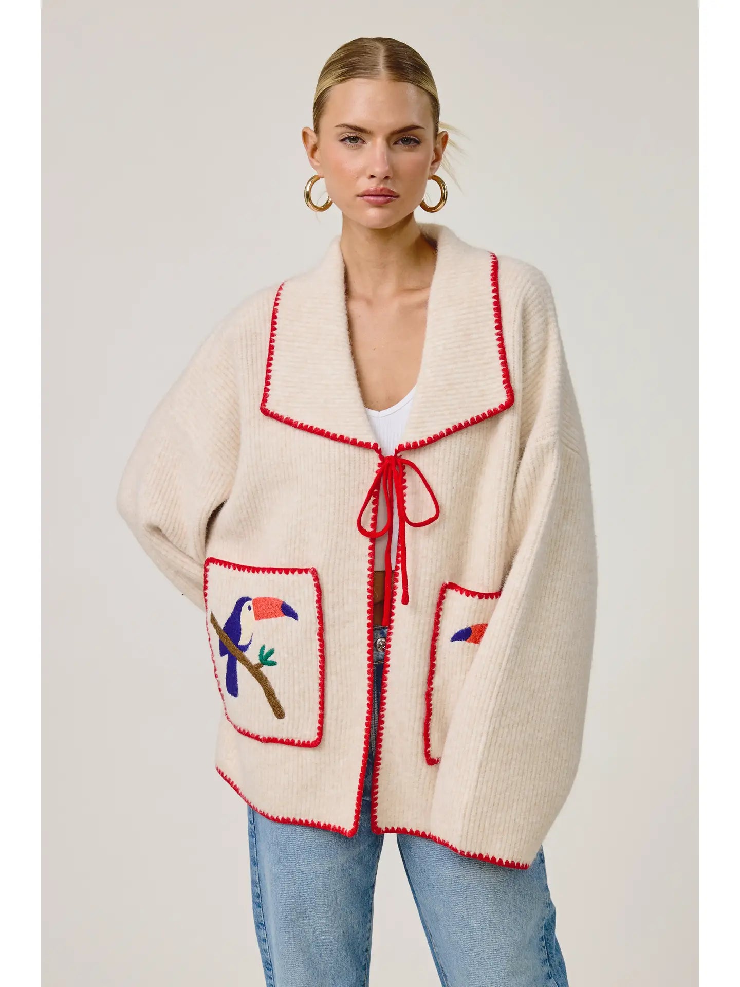 Toucan Embroidered Tie-Front Cardigan