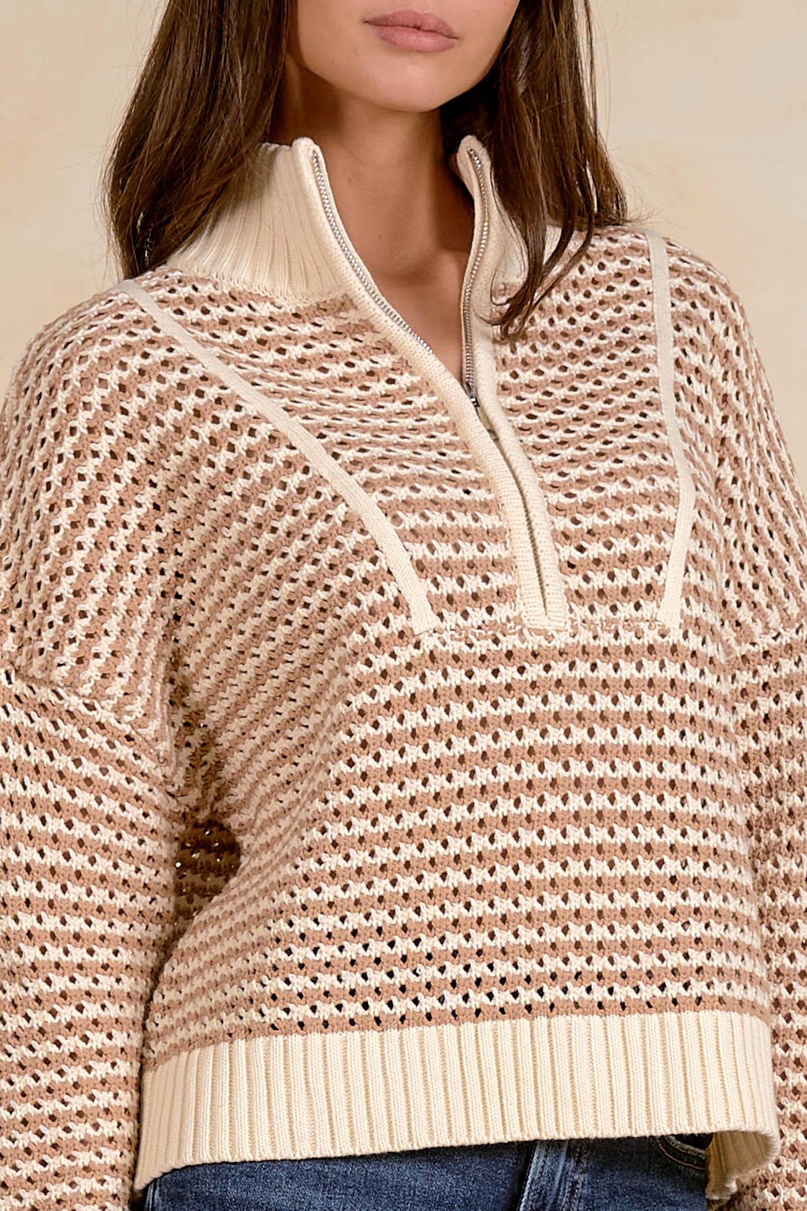 Coastal Breeze Open-Knit Quarter Zip Sweater