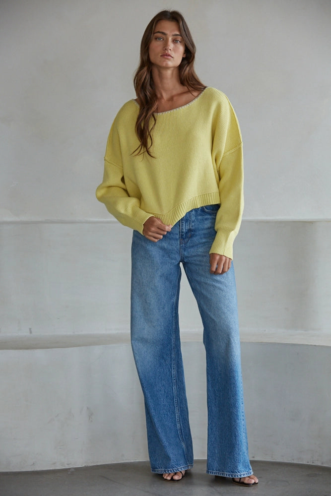 Knit Sweater Ribbed Boat Neck Long Sleeve Pullover