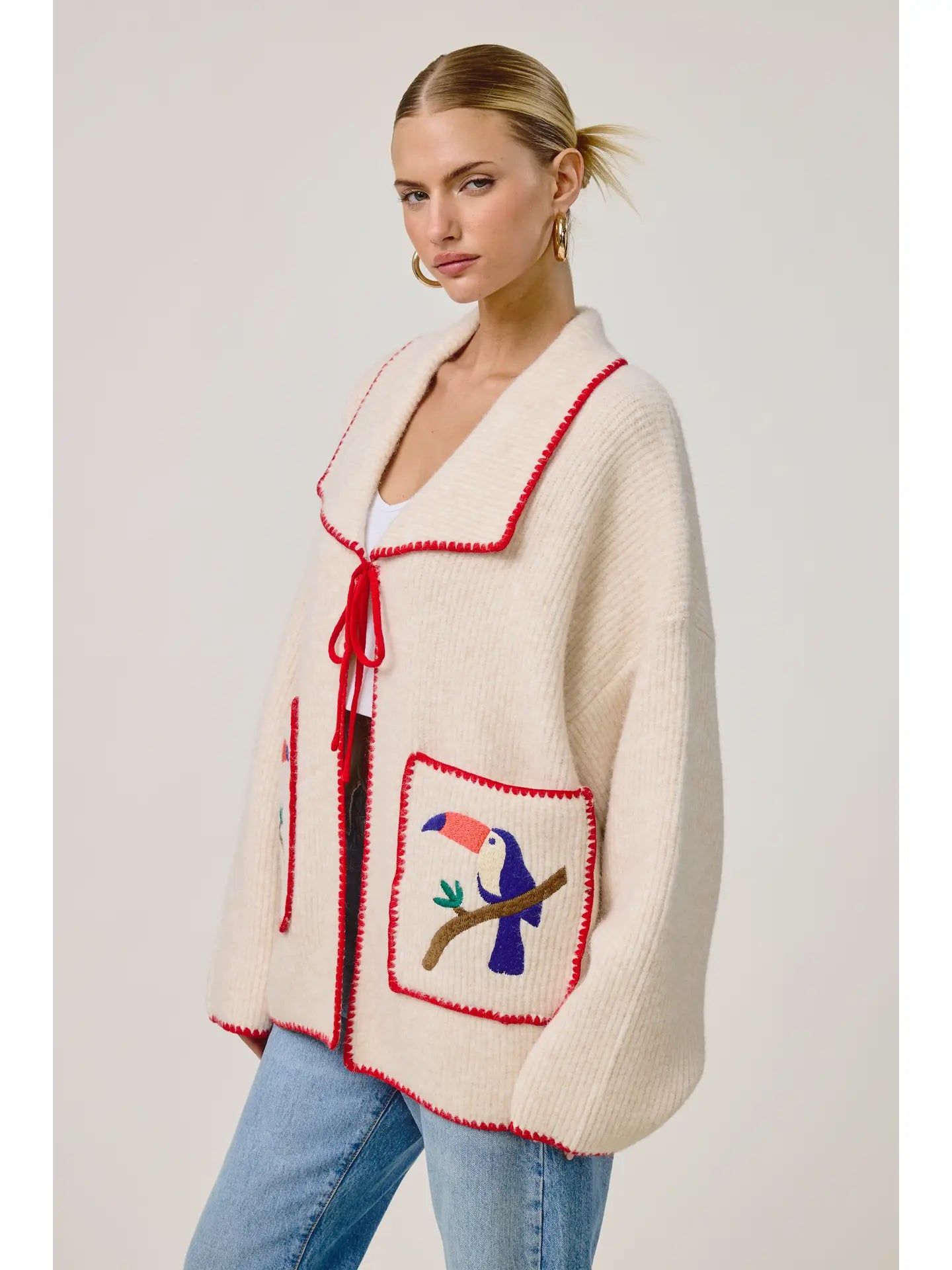 Toucan Embroidered Tie-Front Cardigan
