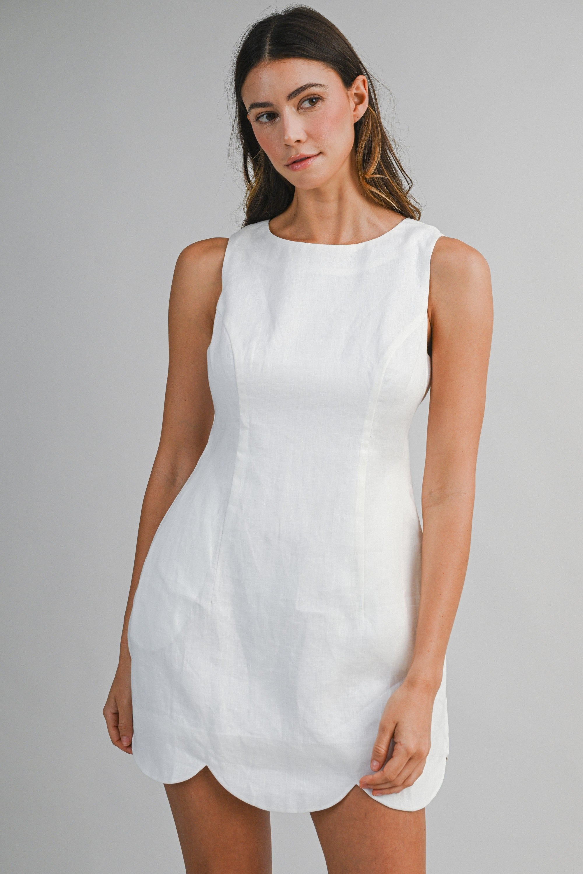 Linen Mini Dress With Scallop Hem
