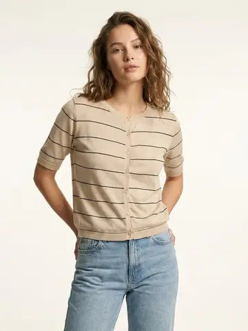 Striped Button-Up Short Sleeve Cardigan