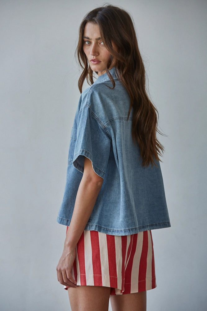 Woven Cotton Chambray Denim Short Sleeve Shirt Top