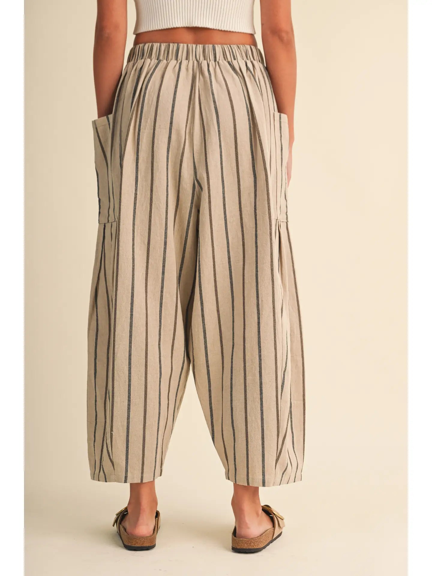 Striped Side Pocket Loose Relaxed Fit Cropped Pants