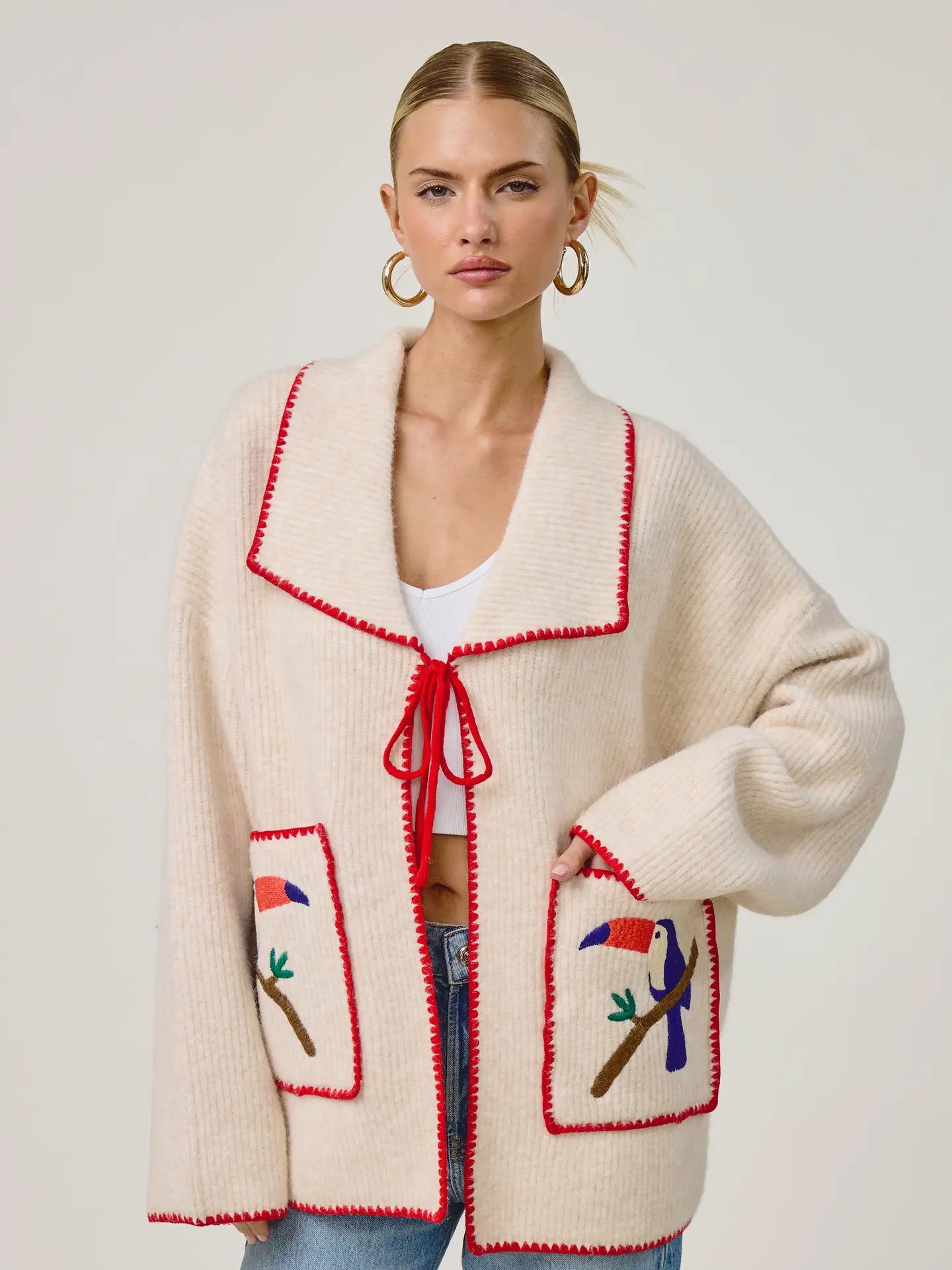 Toucan Embroidered Tie-Front Cardigan