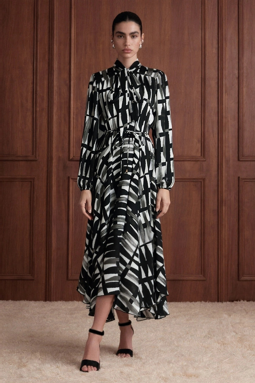 Abstract Brushstroke Tie-Neck Maxi Dress